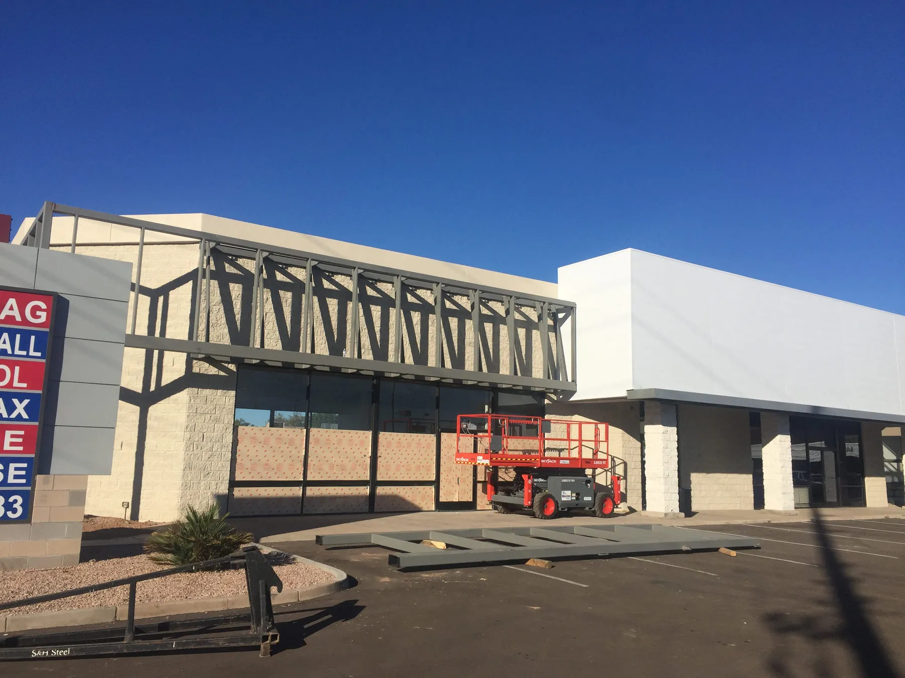 Shopping center storefronts during an exterior renovation
